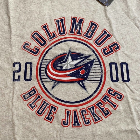 NHL Columbus Blue Jackets Logo Ringer Tee Men’s L Heather Beige Distressed New - Picture 2 of 10